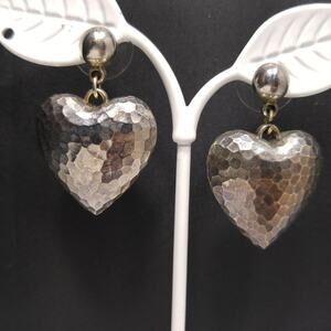 Vintage Hammered Puffy Heart Silver Tone Post Earrings, 1 1/2 Inches